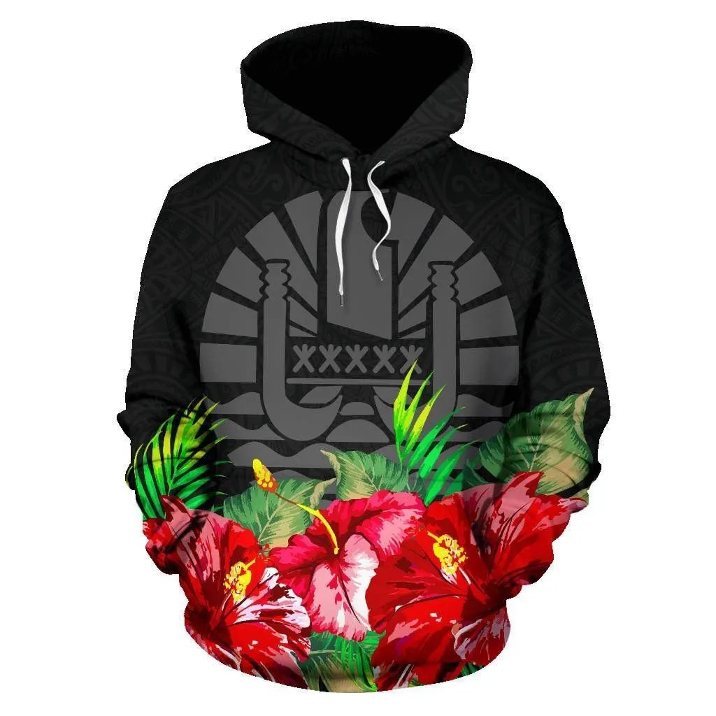 French Polynesia Polynesian Hoodie Black Hibiscus - BN39