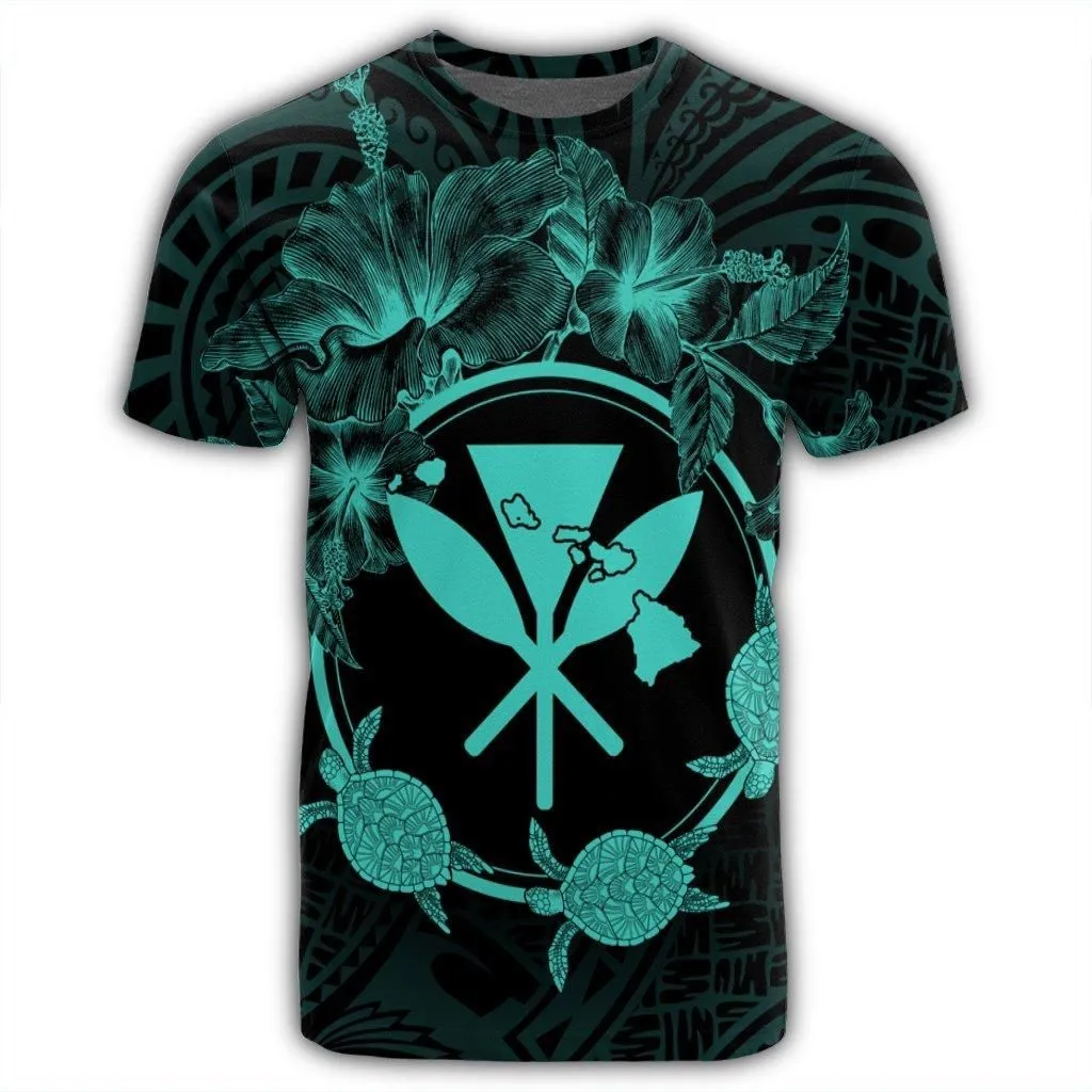 Hawaii Kanaka Turtle Hibiscus Polynesian T-Shirt - Anthea Style Turquoise - AH