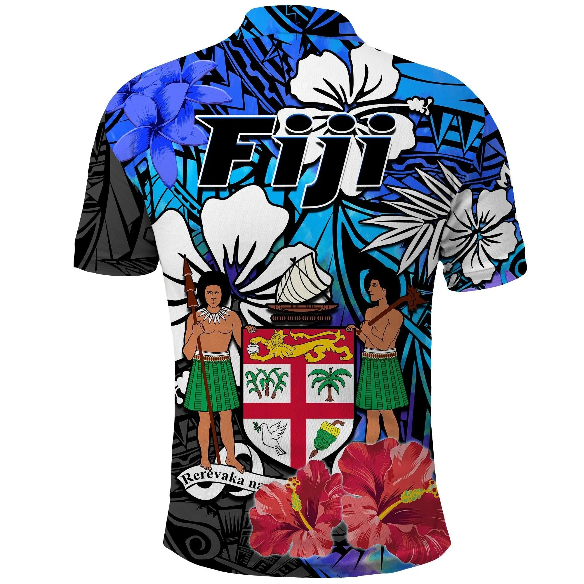 Fiji Tie Dye Polo Shirt Polynesian Blue Tribal Creative Tropical Flowers LT13