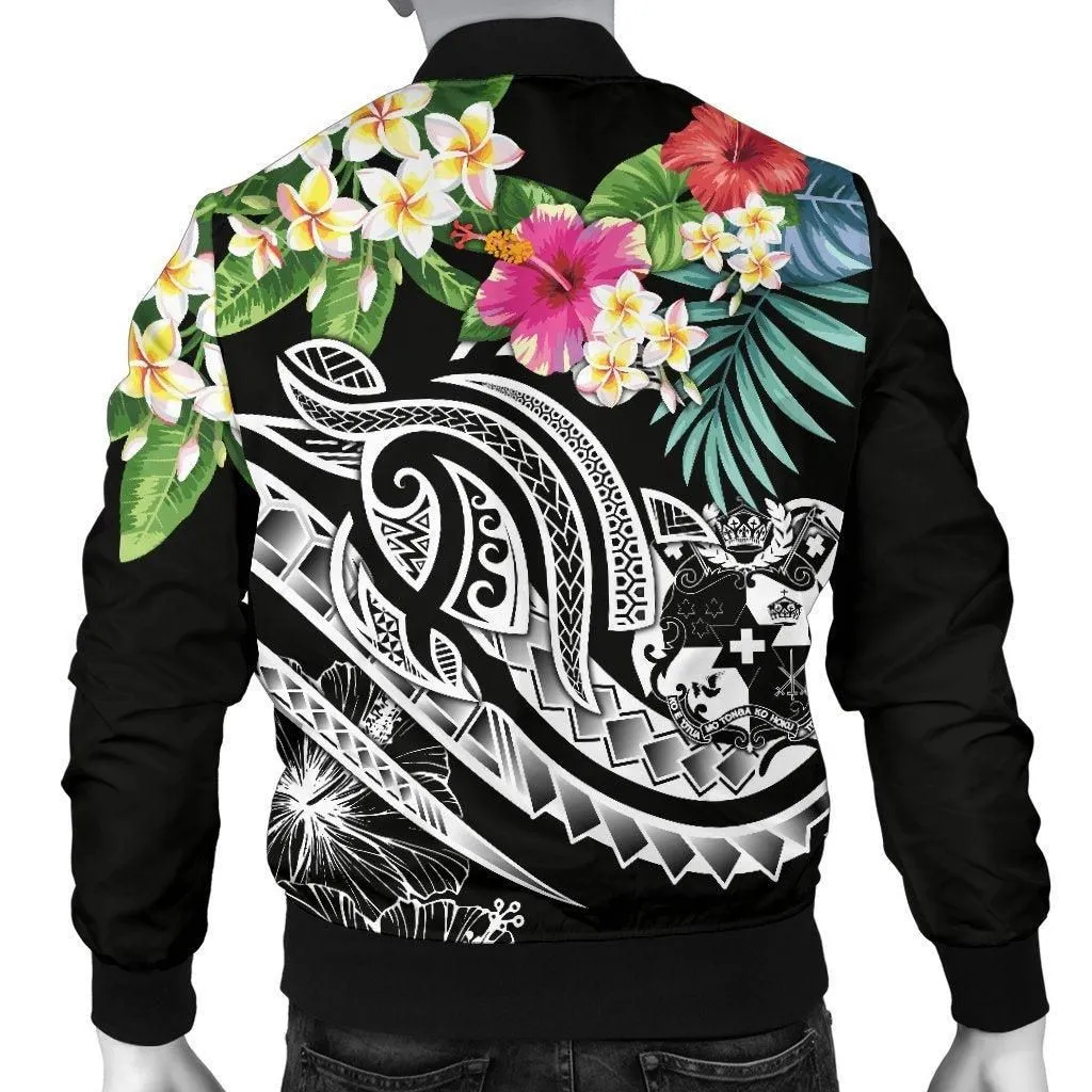 Tonga Polynesian Mens Bomber Jacket - Summer Plumeria (Black)