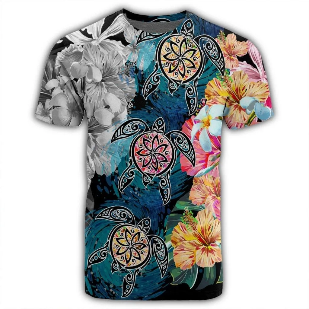 Hawaiian Turtle Swimming Wave Plumeria Hibiscus Polynesian T-Shirt - Garden Style - AH