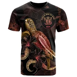 Niue Polynesian T shirt - Turtle With Blooming Hibiscus Gold