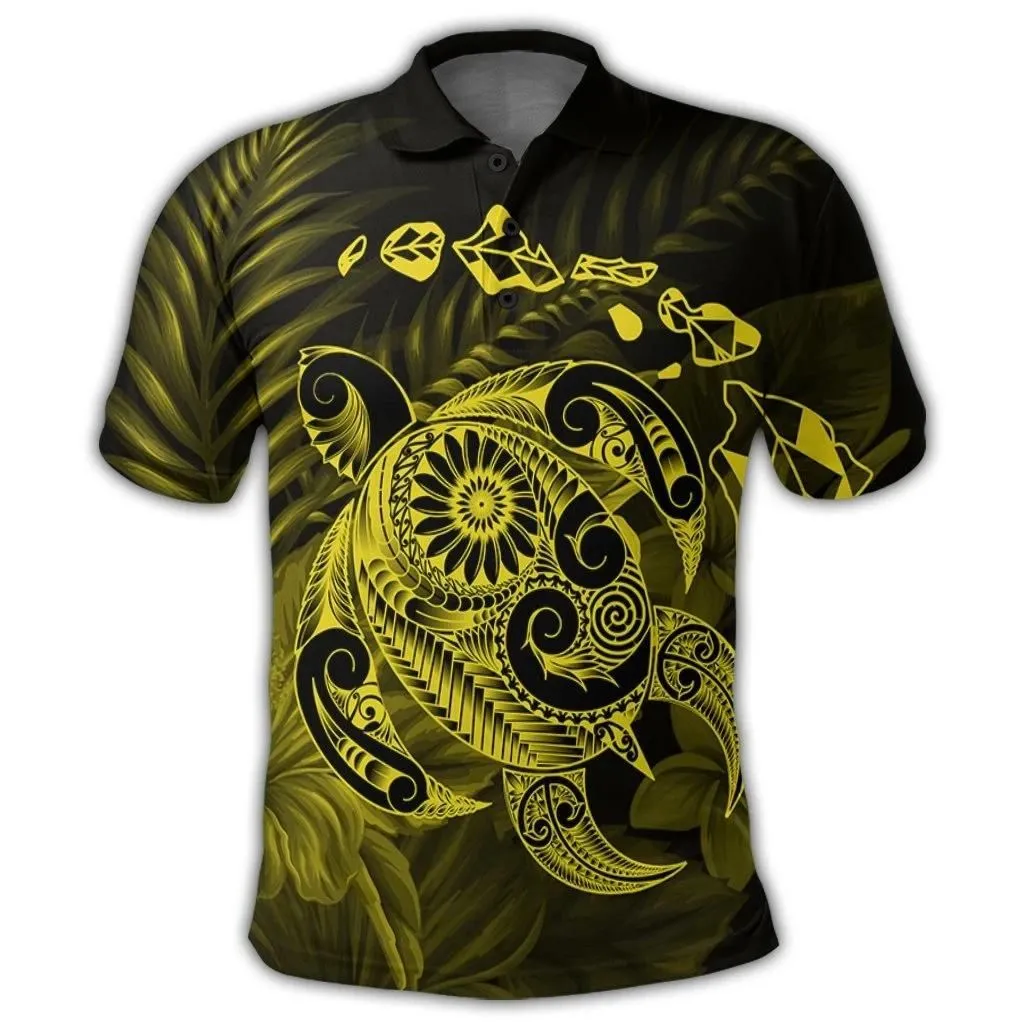 Alohawaii Shirt - Hawaiian Map Turtle Tattoo Hibiscus Plumeria Polynesian Polo Shirt - Yellow - AH - J4R