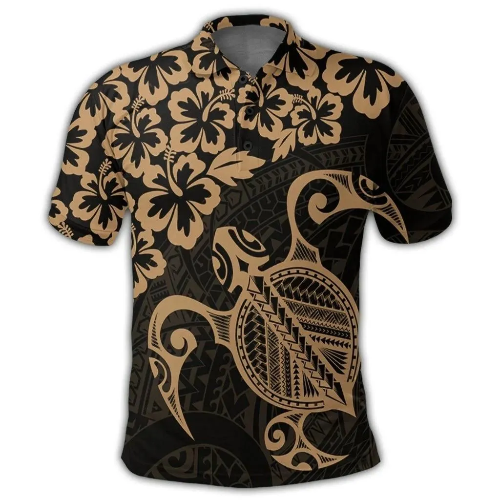 Alohawaii Shirt - Hawaiian Map Turtle Hibiscus Kanaka Polynesian Polo Shirt - Gold - AH - J4R