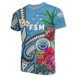 Alohawaii T-Shirt - Tee Federated States of Micronesia T-Shrit Blue Polynesian with Hibiscus TH5