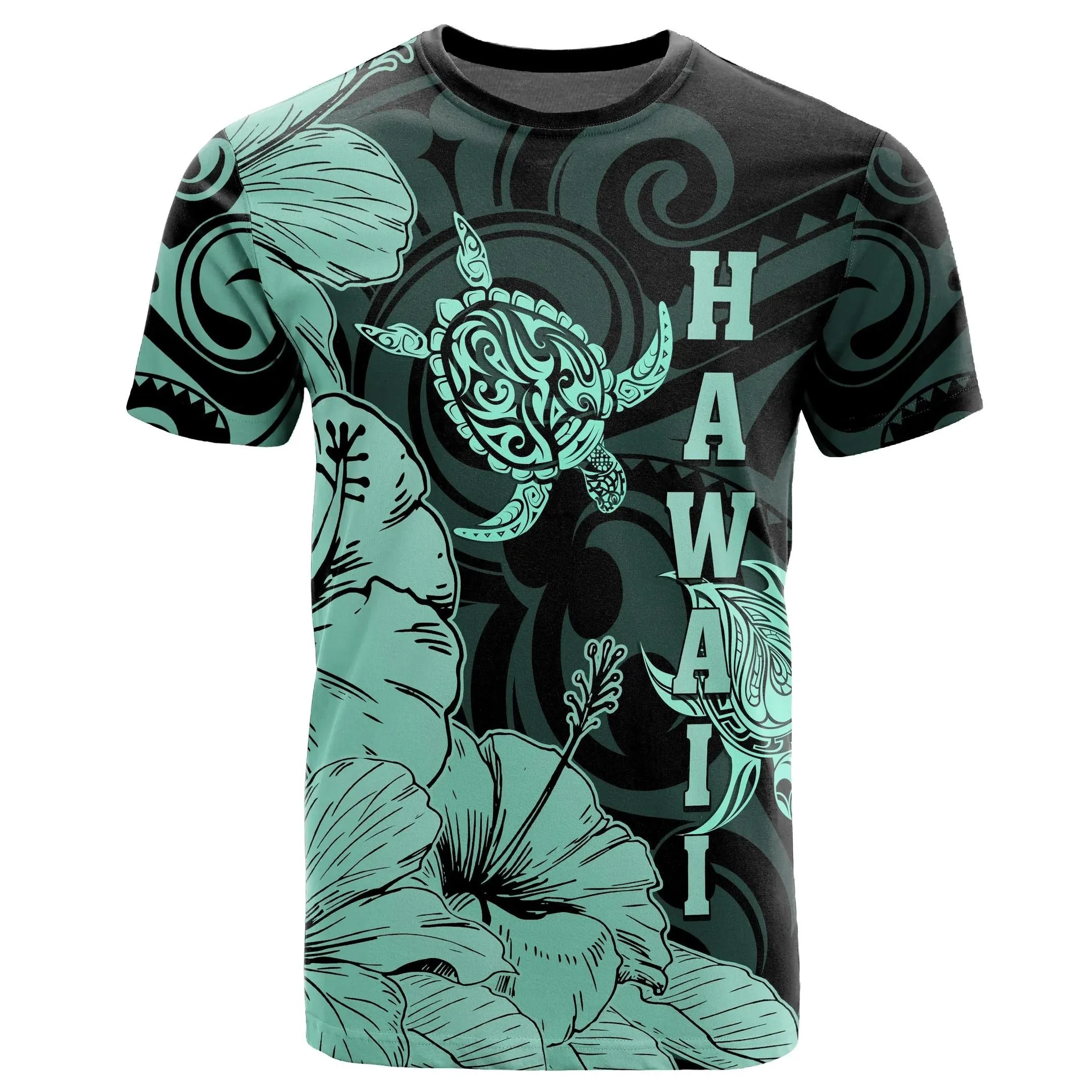 Alohawaii Tee - Hawaii Turtle T-Shirt Polynesian Hibiscus Art Ver 2.0 Turquoise AH J1