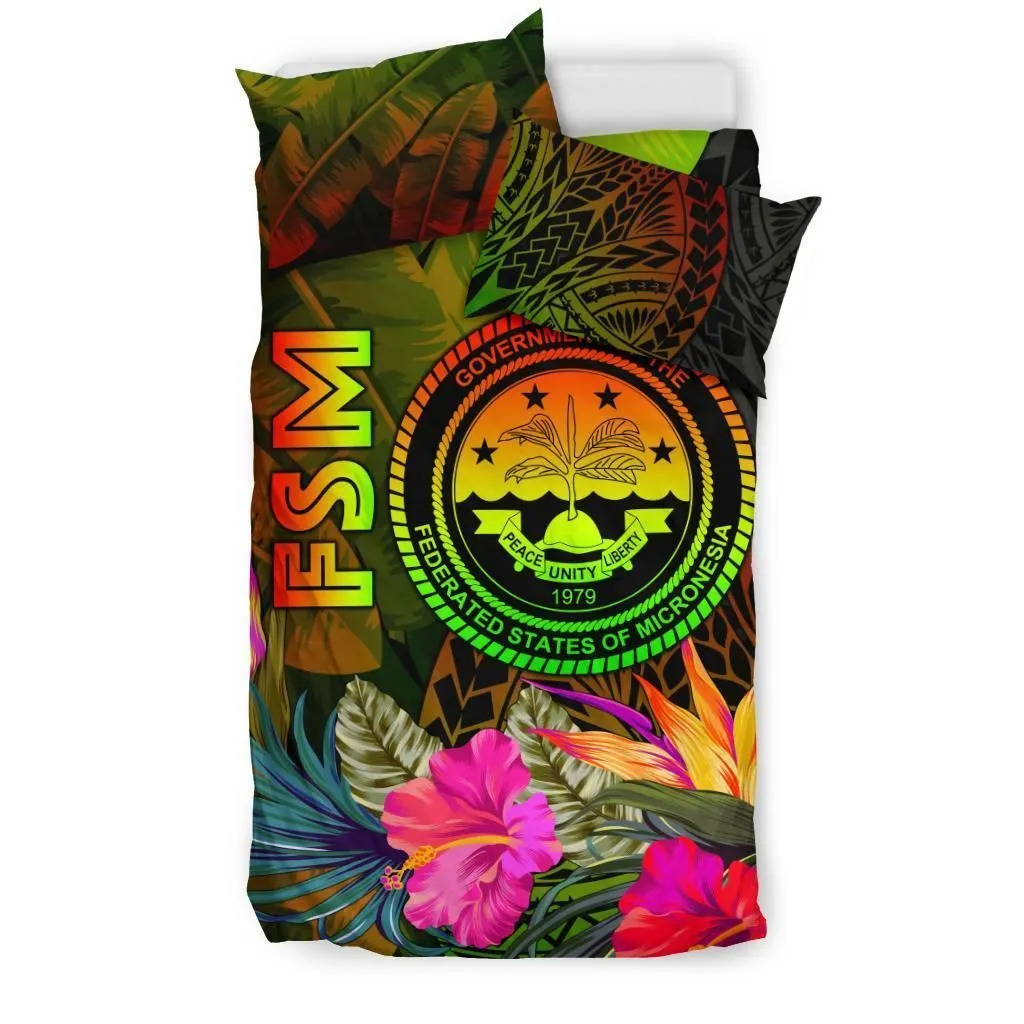 FamilyGater Bedding Set - Cover and Pillow Cases Federated States of Micronesia Polynesian -  Hibiscus and Banana Leaves - BN15