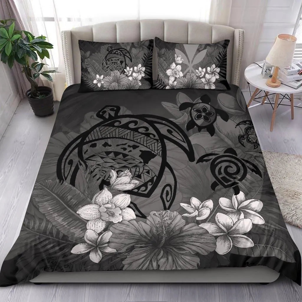 Alohawaii Home Set - Hawaiian Map Hibiscus Plumeria Kanaka Bouquet Turtle  Polynesian Bedding Set - Gray - AH J9
