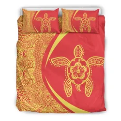 Hawaiian Turtle Hibiscus Polynesian Bedding Set-Circle Style Yellow And Red