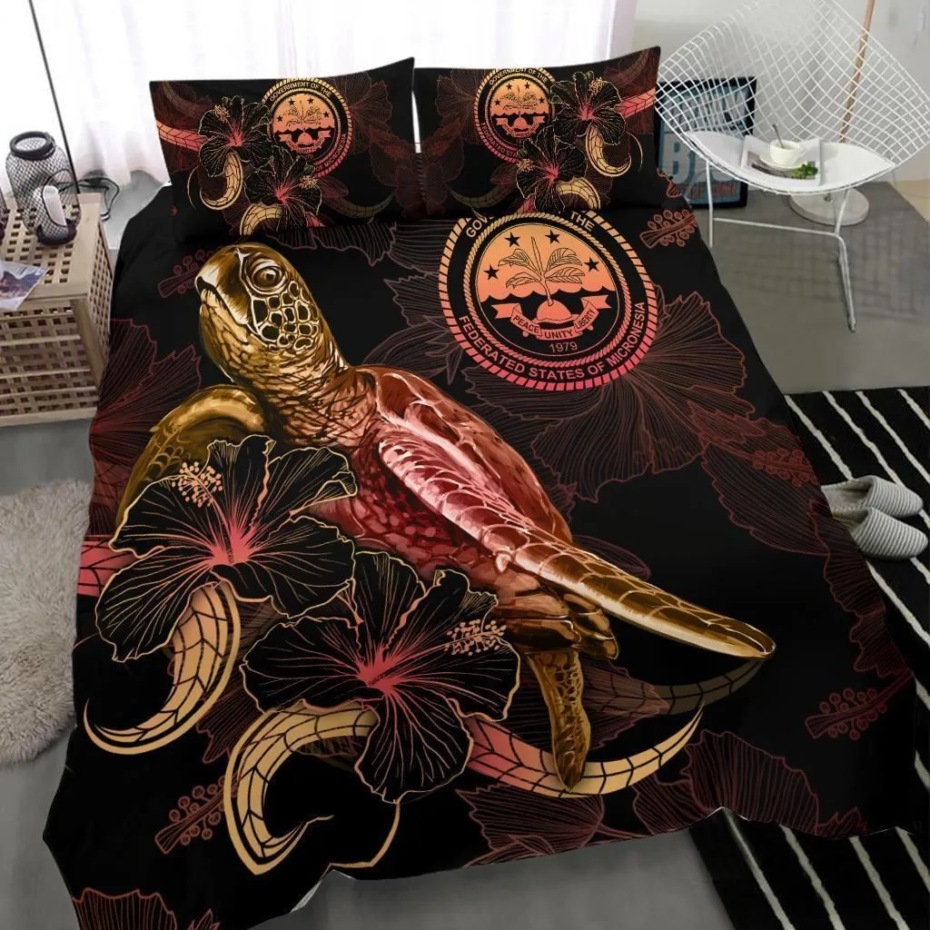 Fedarated States of Micronesia Polynesian Bedding Set - Turtle With Blooming Hibiscus Gold
