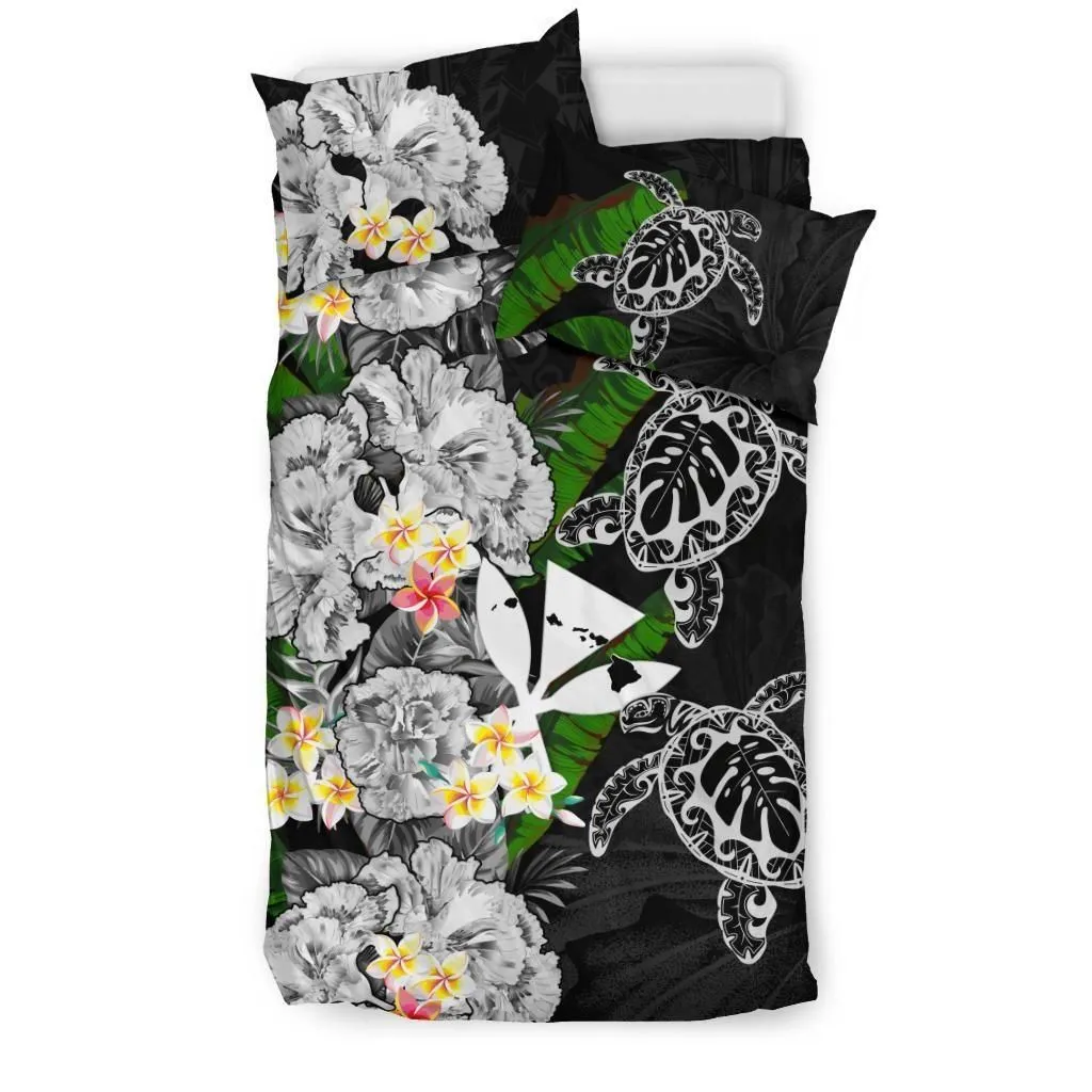 Kanaka Maoli (Hawaiian) Bedding Set - Polynesian Hibiscus Turtle Palm Leaves Gray A02
