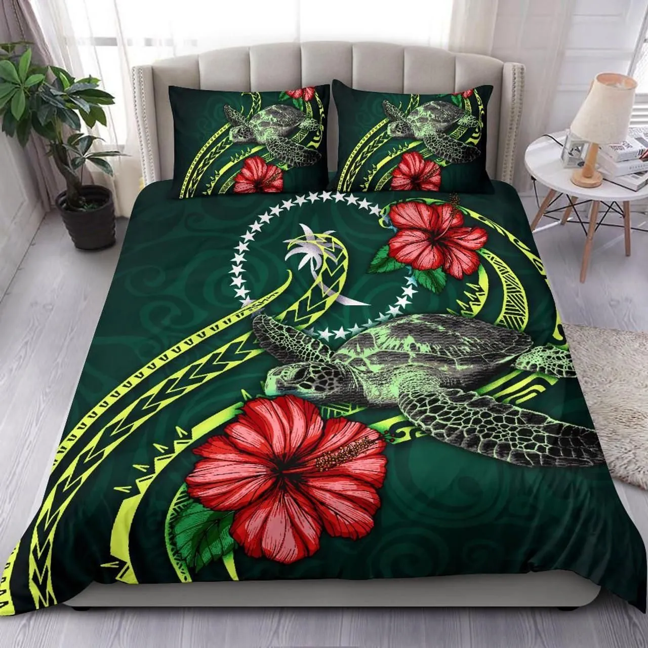 Polynesian Bedding Set - Chuuk Micronesia Duvet Cover Set Green Turtle Hibiscus