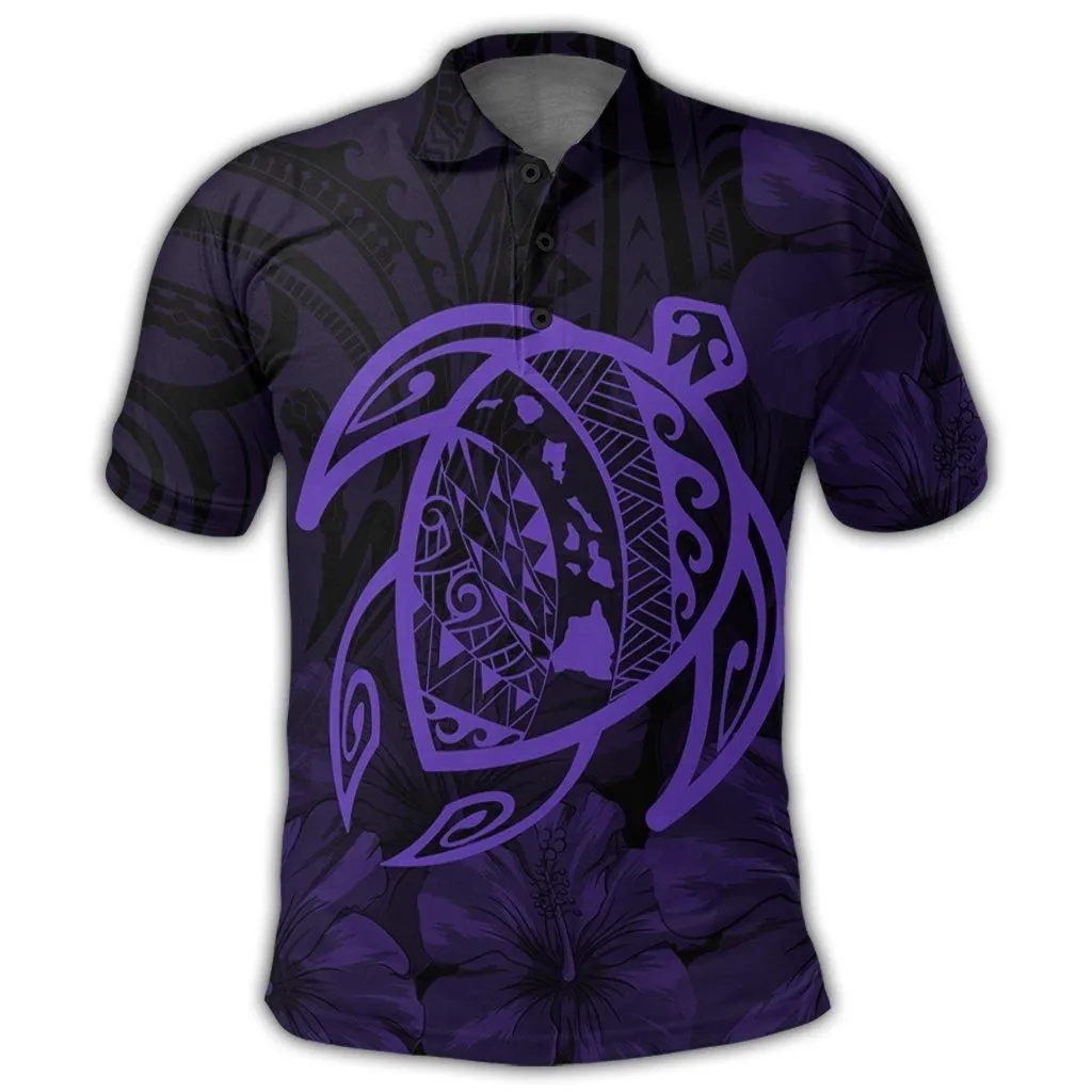 Hawaiian Map Turtle Kanaka Hibiscus Polynesian Polo Shirt - Purple