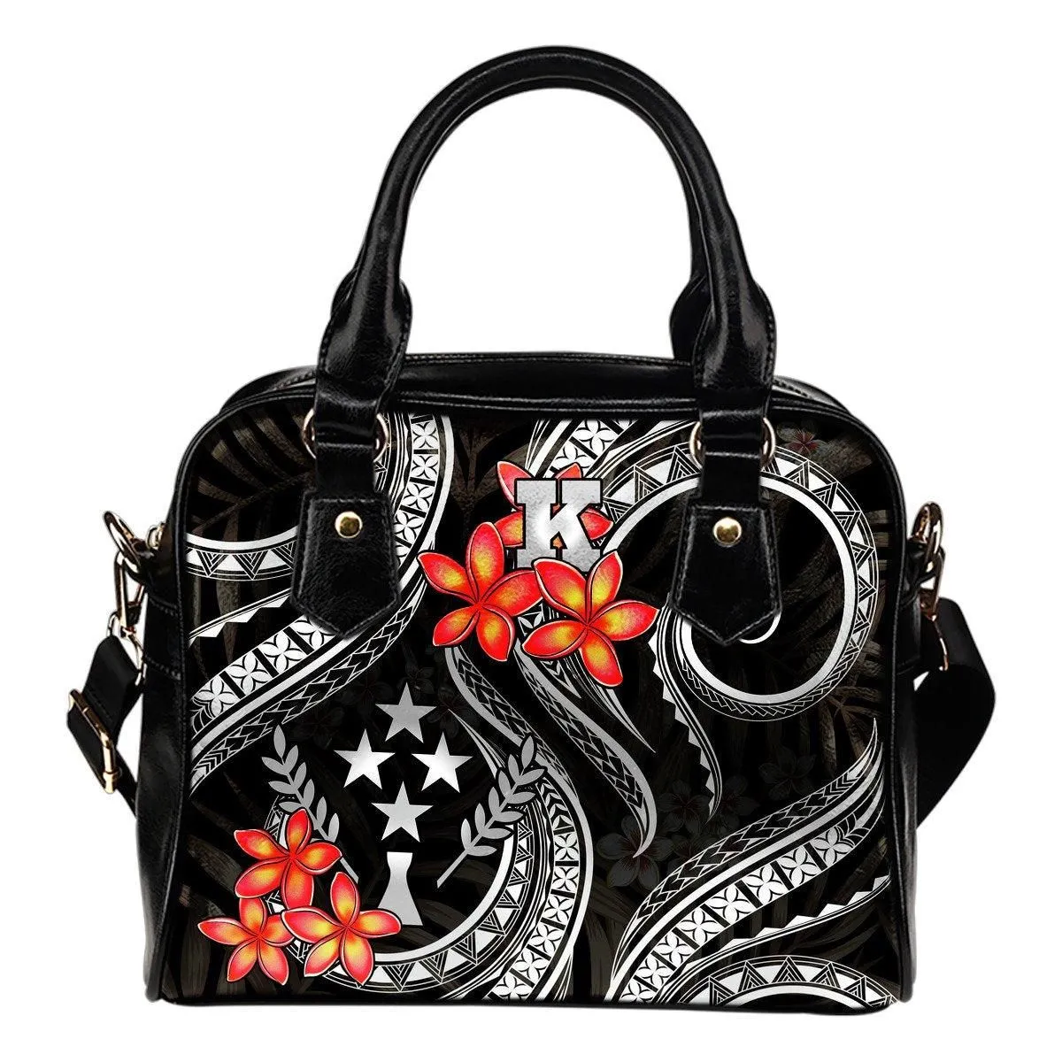 Kosrae Micronesian Shoulder Handbag - Black Plumeria