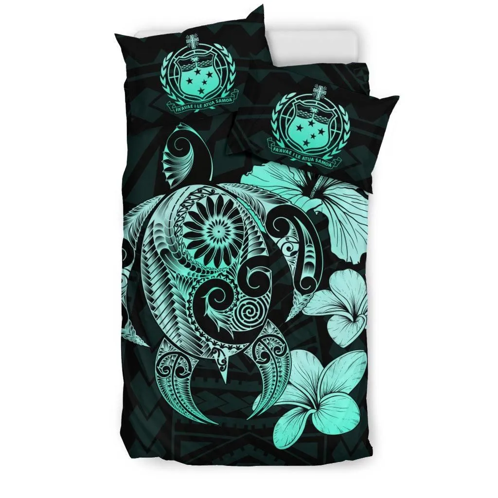 Samoa Hibiscus Plumeria Mix Polynesian Turquoise Turtle Bedding Set - J1