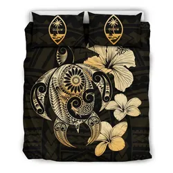 Guam Hibiscus Plumeria Mix Polynesian Gold Turtle Bedding Set - J1