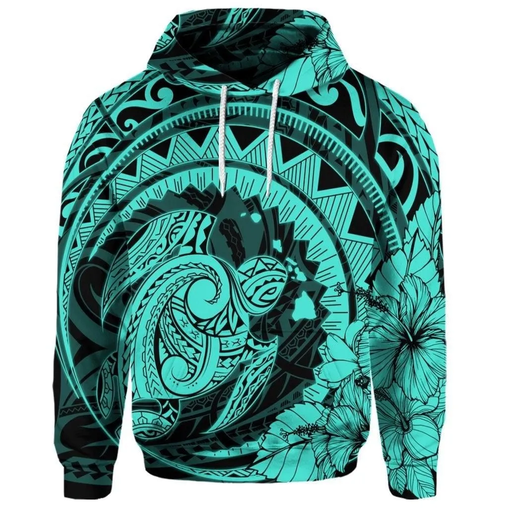 (Personalised) Hawaiian Kanaka Honu Map Hibiscus Globular Polynesian Turquoise Hoodie
