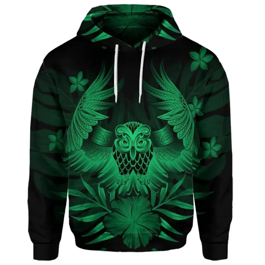 Alohawaii Hoodie - (Personalised) Hawaiian Owl Hibiscus Plumeria Polynesian Hoodie - Green - AH - J4R