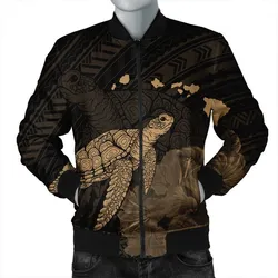 Hawaii Polynesian Hibiscus Turtle Map Bomber Jacket Gold