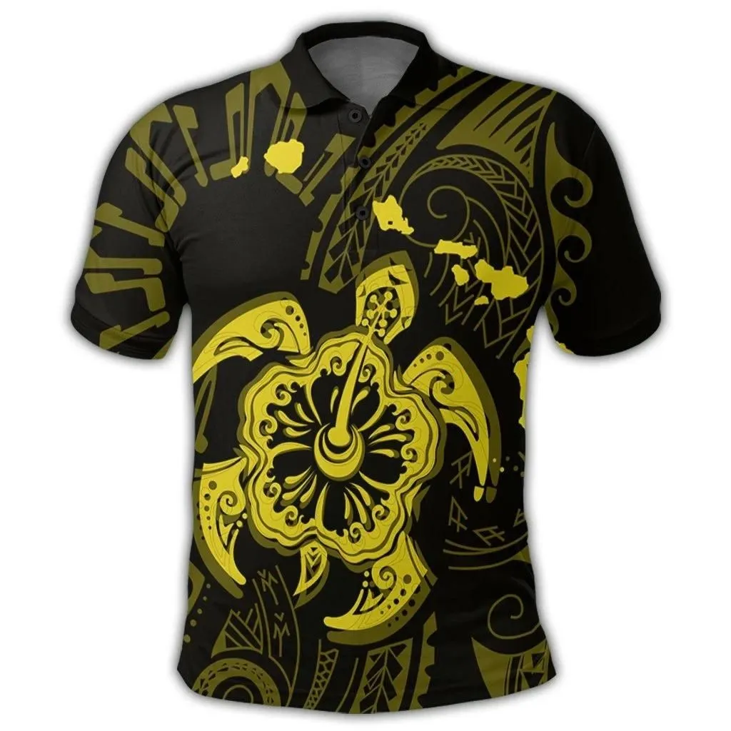 Alohawaii Shirt - Hawaiian Map Kanaka Hibiscus Turtle Yellow Polynesian Polo Shirt - AH - J4R