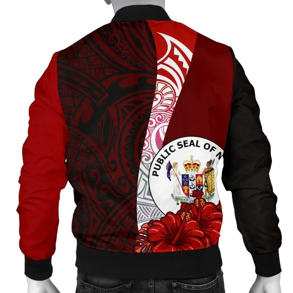 Niue Polynesian Mens Bomber Jacket - Coat Of Arm With Hibiscus