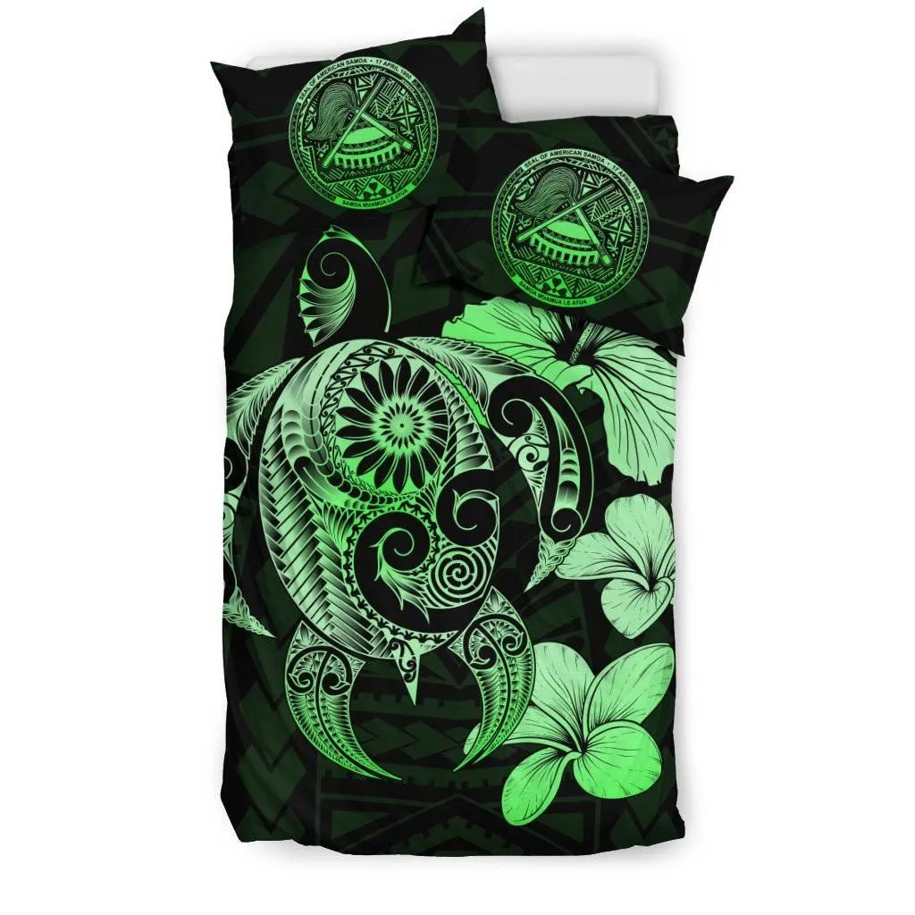 FamilyGater Bedding Set - Cover and Pillow Cases American Samoa Hibiscus Plumeria Mix Polynesian Turtle Green J1