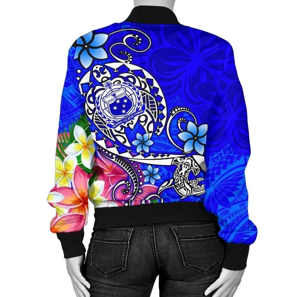 Samoa Custom Personalised Women's Bomber Jacket - Turtle Plumeria (Blue) - BN18