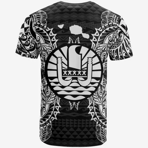 French Polynesia All T-Shirt - French Polynesia Flag Map Polynesian Tattoo White Black