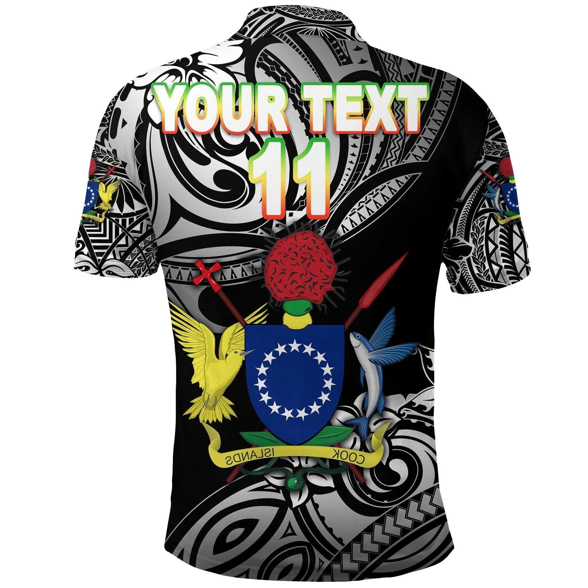 (Custom Personalised) Cook Islands Rugby Polo Shirt Unique Vibes Coat Of Arms - Black, Custom Text and Number