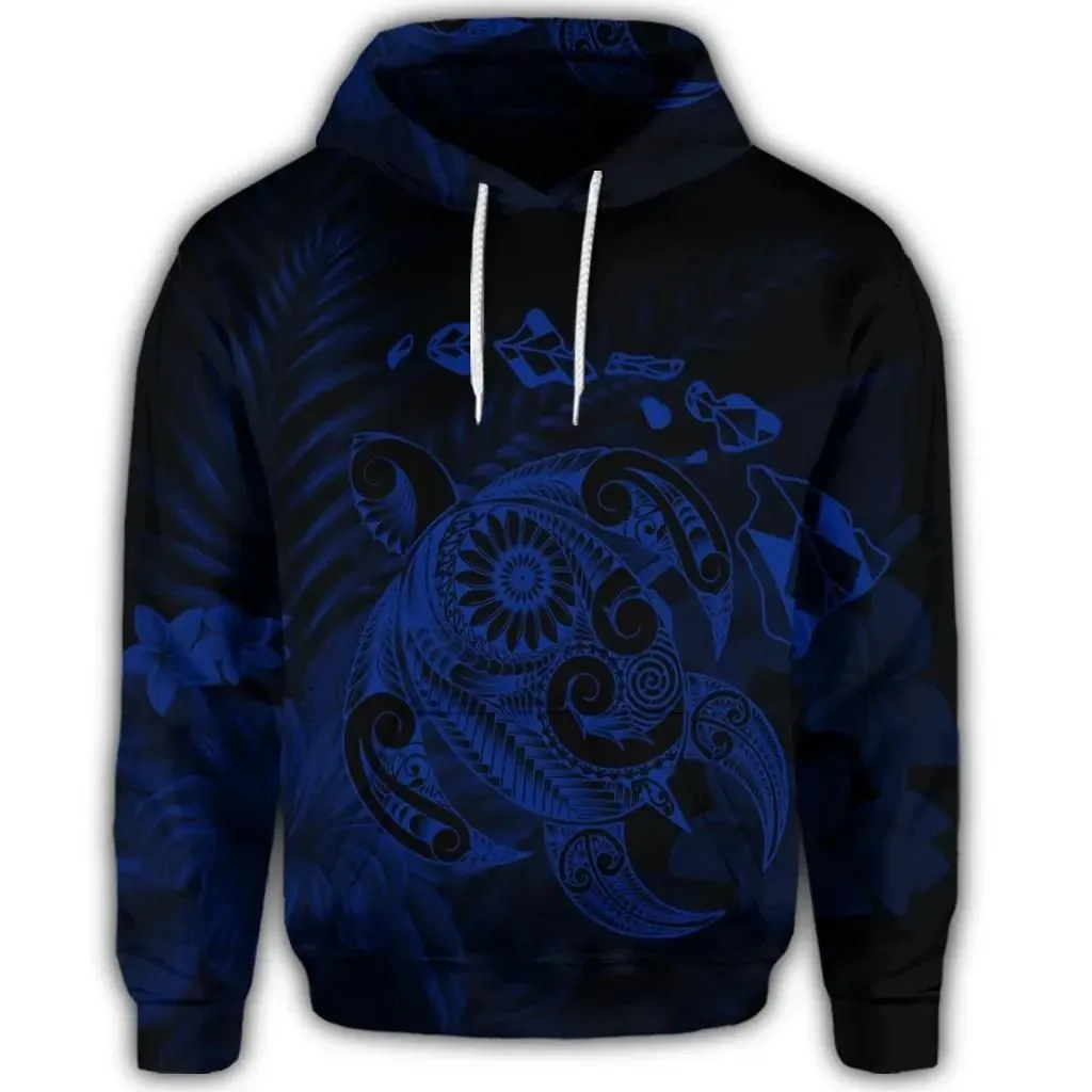 Alohawaii Hoodie - Hawaiian Map Turtle Tattoo Hibiscus Plumeria Polynesian Hoodie - Blue - AH - J4R