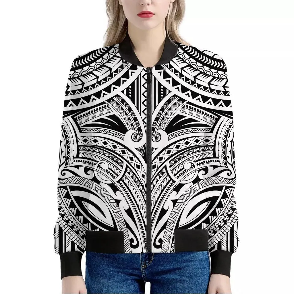 Tribal Maori Polynesian Tattoo Print Womens Bomber Jacket