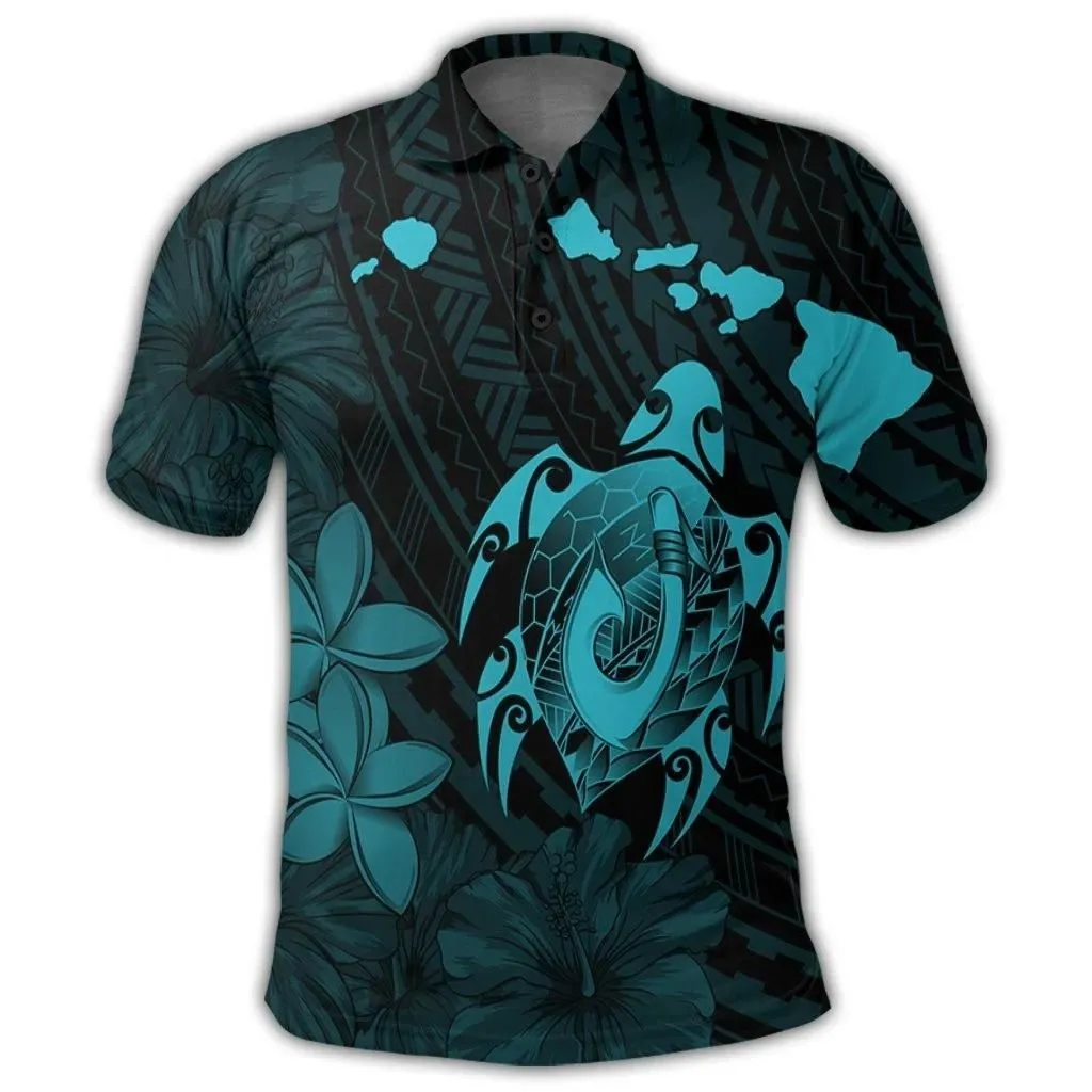 Alohawaii Shirt - Hawaiian Map Turtle Plumeria Hibiscus Fish Hook Polynesian Polo Shirt Blue- AH - J5R