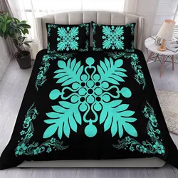 Hawaiian Quilt Maui Plant And Hibiscus Pattern Bedding Set - Turquoise Black - AH