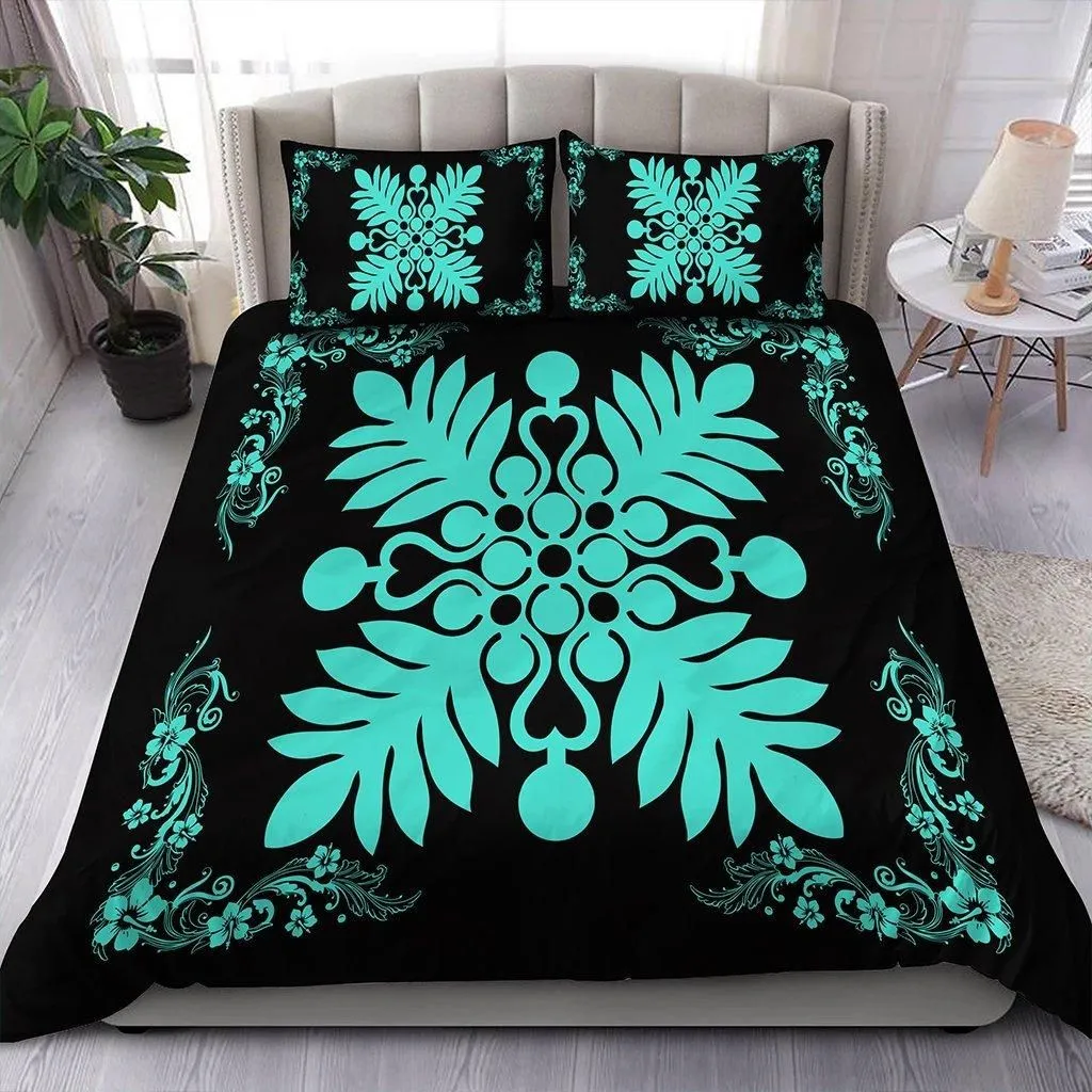 Hawaiian Quilt Maui Plant And Hibiscus Pattern Bedding Set - Turquoise Black - AH