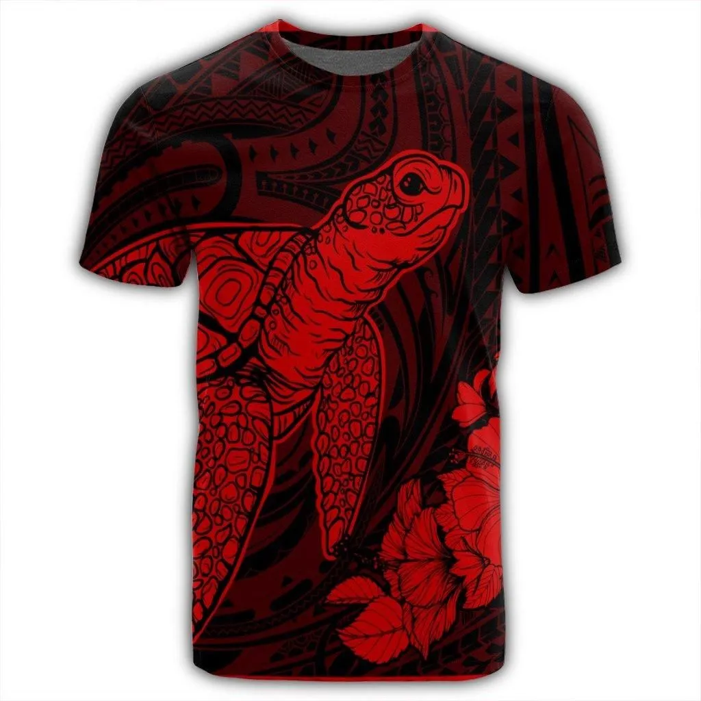 Hawaiian Hibiscus Memory Turtle Polynesian T-Shirt Red - AH
