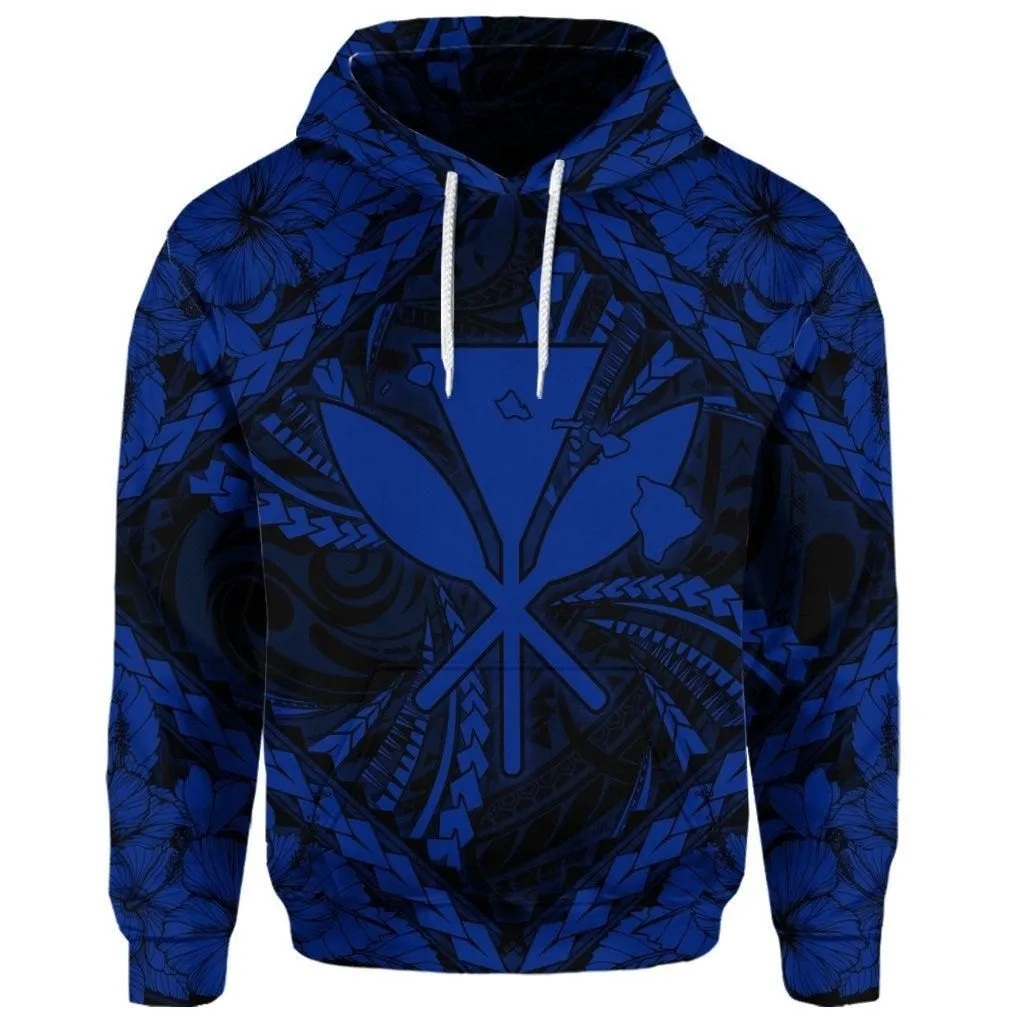 (Personalised) Hawaiian Map Kanaka Hibiscus Blue Polynesian Hoodie