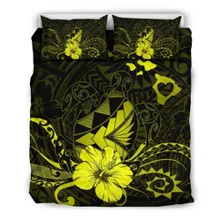 FamilyGater Bedding Set - Cover and Pillow Cases Hawaiian Map Heart Turtle Tattoo Hibiscus Polynesian - Yellow - AH J9