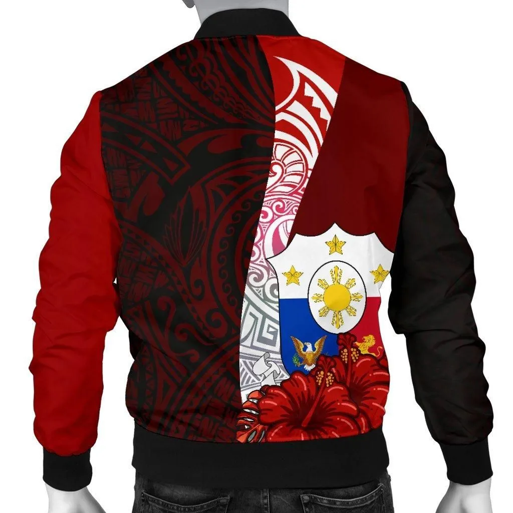 Philippines Polynesian Custom Personalised Mens Bomber Jacket - Coat Of Arm With Hibiscus