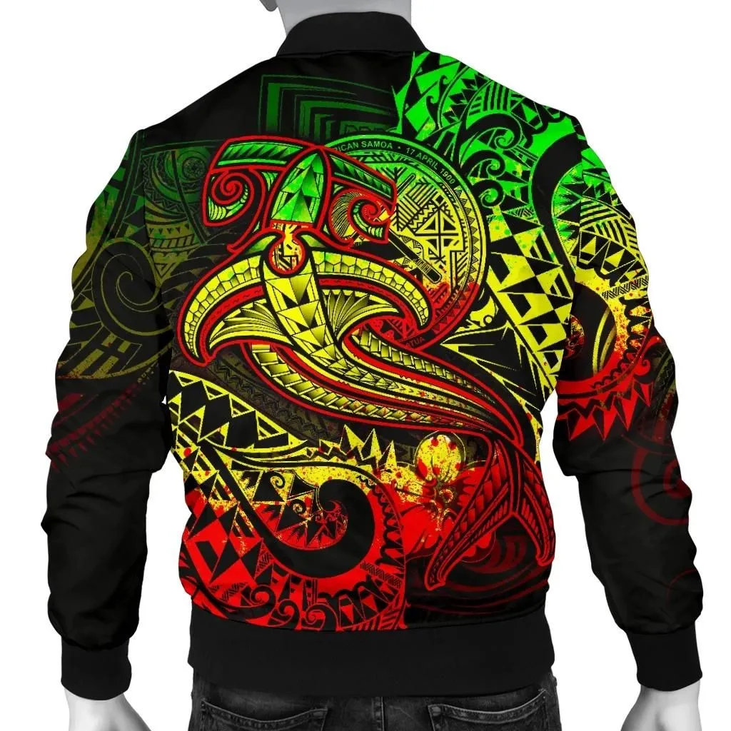 American Samoa Men's Bomber Jacket - Reggae Shark Polynesian Tattoo - BN18