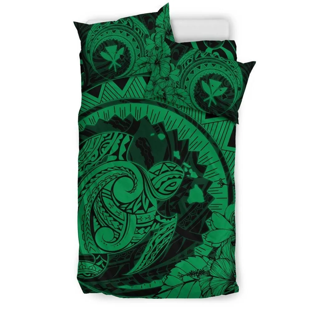 FamilyGater Bedding Set - Cover and Pillow Cases Hawaiian Map Kanaka Honu Hibiscus Green Globular Polynesian - AH - JD