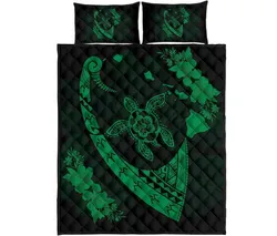 Hawaiian Map Hibiscus Turtle Fish Hook Polynesian Quilt Bedding Set Green