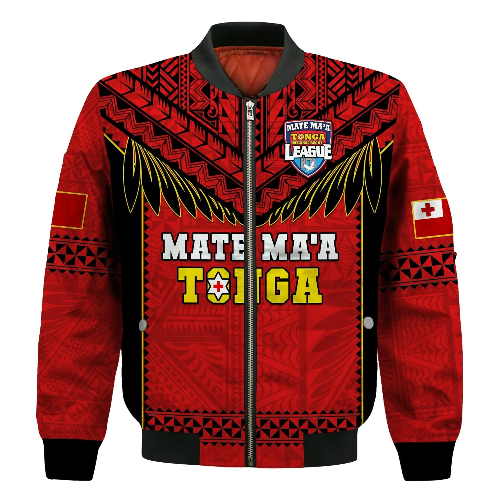 (Custom Text And Number) Tonga Rugby Bomber Jacket Mate Maa Tonga Pacific Ngatu Black LT14