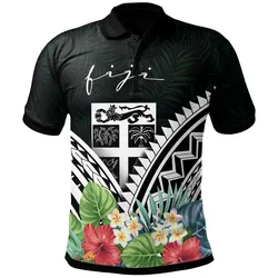 Alohawaii Shirt - Polo Shirt FIji - FIji Coat of Arms & Polynesian Tropical Flowers White - BN22