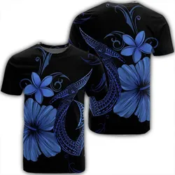 Hawaiian Fish Hook Hibiscus Plumeria Polynesian T-Shirt - Blue - AH