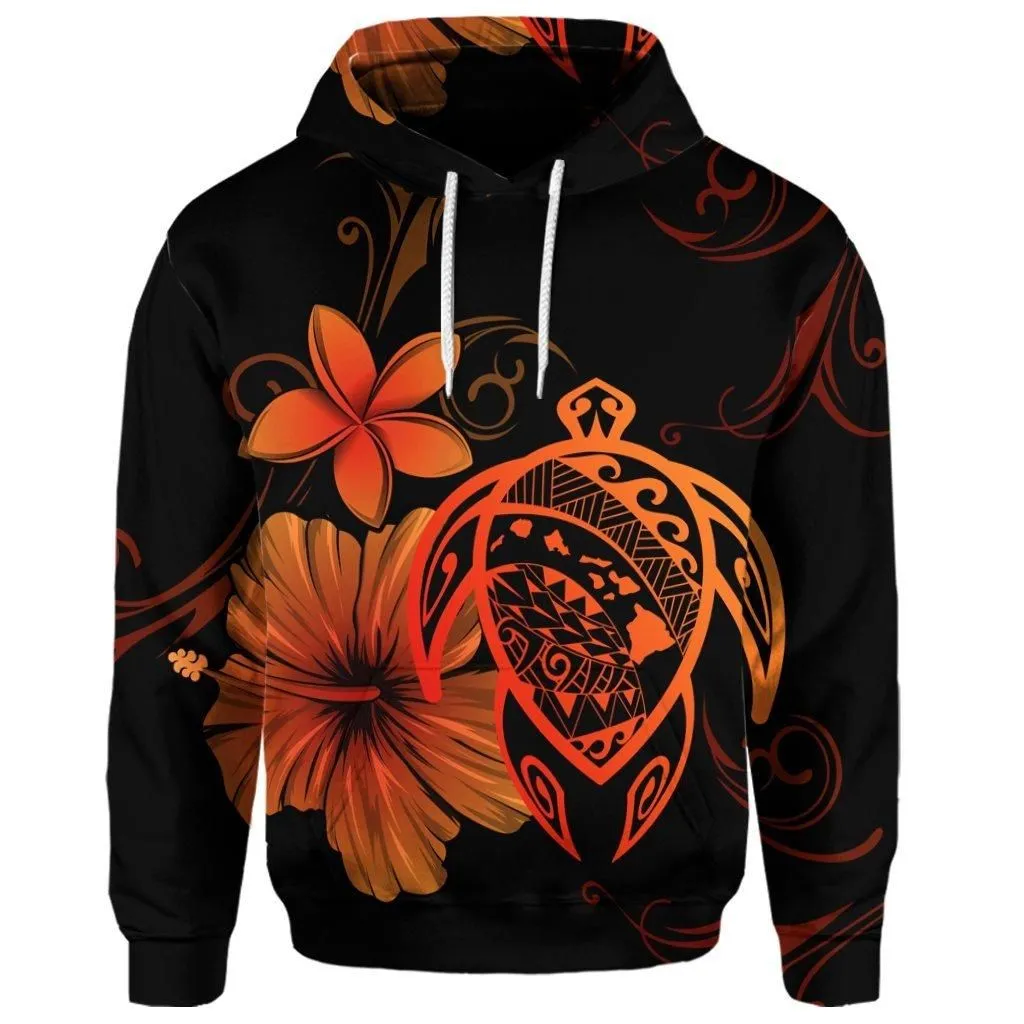 (Personalised) Hawaiian Map Turtle Hibiscus Plumeria Polynesian Hoodie - Orange - AH