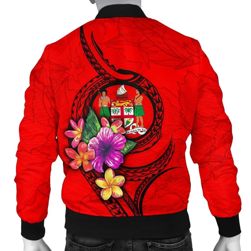 Fiji Polynesian Custom Personalised Mens Bomber Jacket - Floral With Seal Red