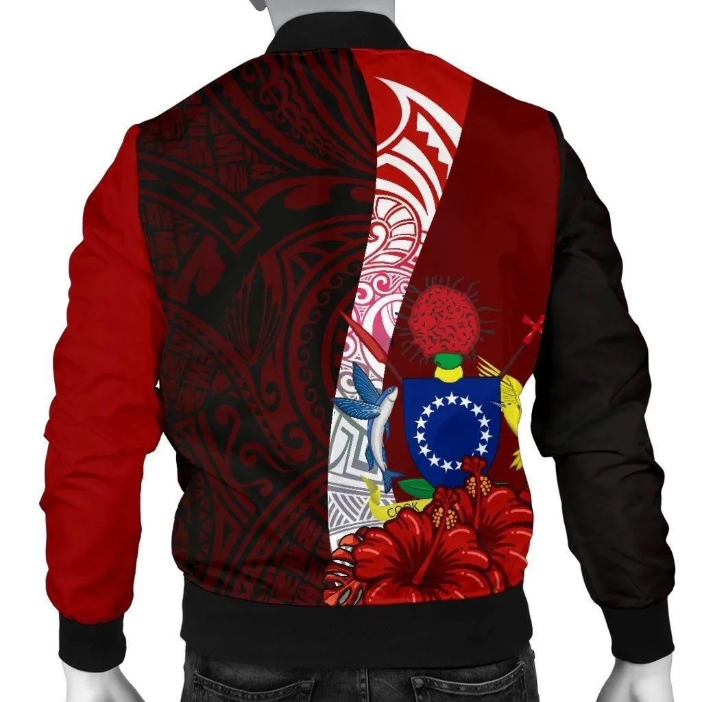 Cook Islands Polynesian Mens Bomber Jacket - Coat Of Arm With Hibiscus