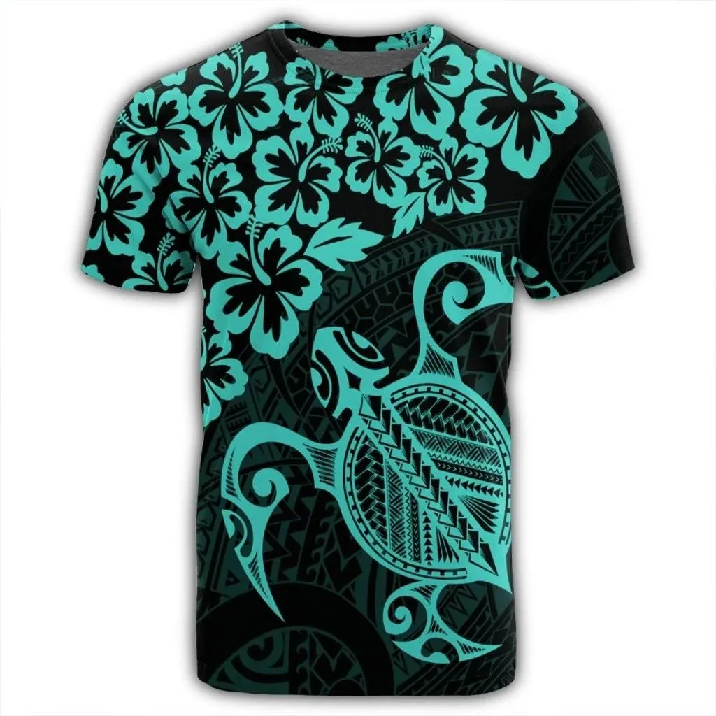 Alohawaii Tee - Hawaiian Map Turtle Hibiscus Kanaka Polynesian T-shirt Turquoise - AH - J4R