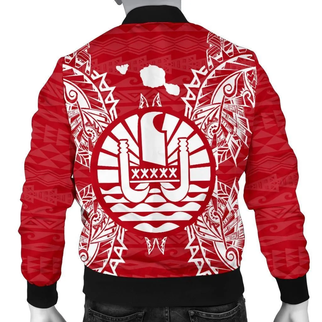 French Polynesia Polynesian Mens Bomber Jacket Map Red White