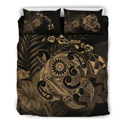 FamilyGater Home Set - Hawaiian Map Turtle Tattoo Hibiscus Plumeria Polynesian Bedding Set - Gold - AH - J4